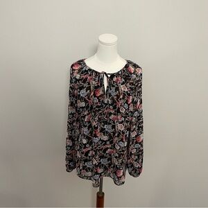 White House Black Market Top Long Sleeve Floral Eyelet Crocheted Sleeve Tie Neck